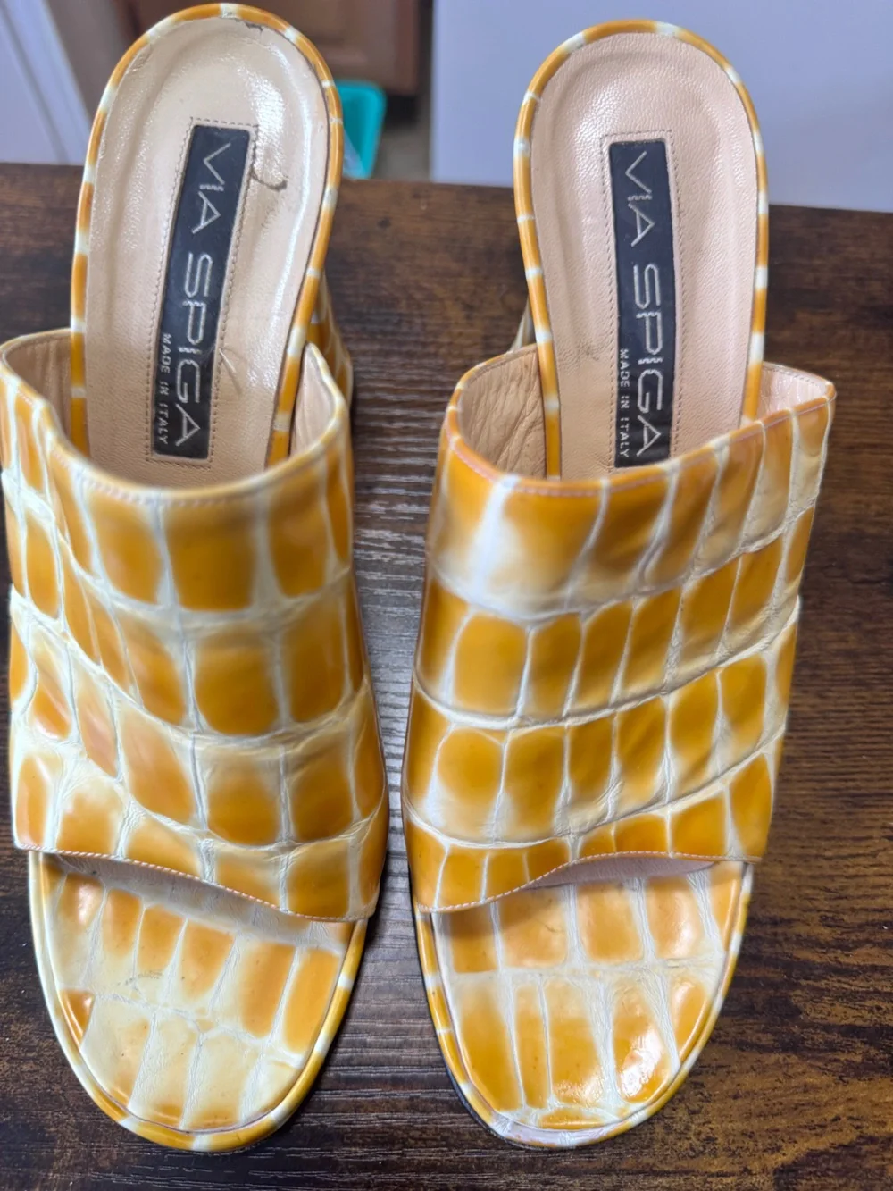 Via Spiga Italy Yellow Croc Embossed Leather Mules Chunky Block Heel Sandals 7 - Picture 11 of 12